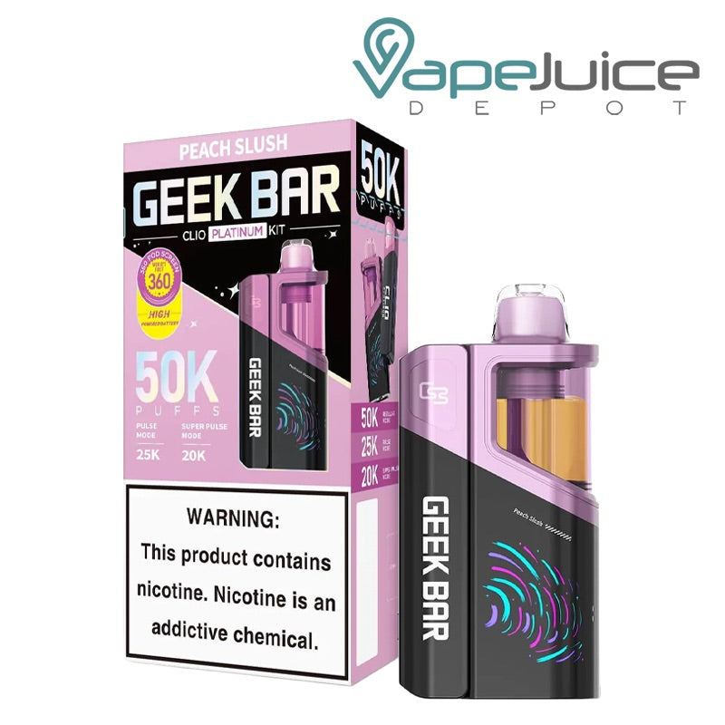 A box of Peach Slush Geek Bar Clio Platinum 50K Disposable Kit with a warning sign and a single disposable next to it - Vape Juice Depot