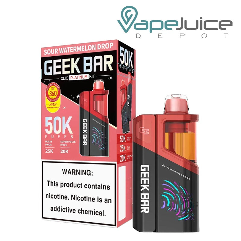 A box of Sour Watermelon Drop Geek Bar Clio Platinum 50K Disposable Kit with a warning sign and a single disposable next to it - Vape Juice Depot