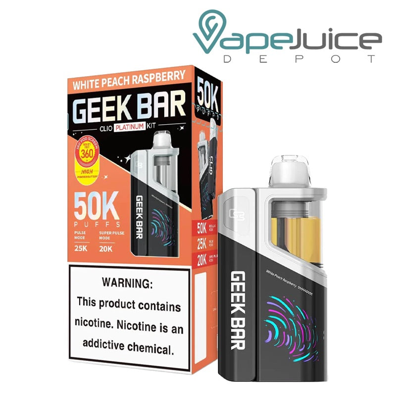 A box of White Peach Raspberry Geek Bar Clio Platinum 50K Disposable Kit with a warning sign and a single disposable next to it - Vape Juice Depot
