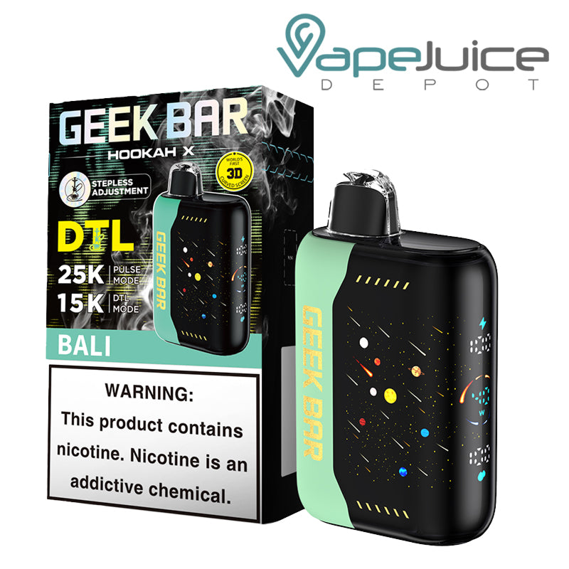 A Box of Bali Geek Bar Hookah X 25K Disposable with a warning sign and a device with a full screen next to it - Vape Juice Depot