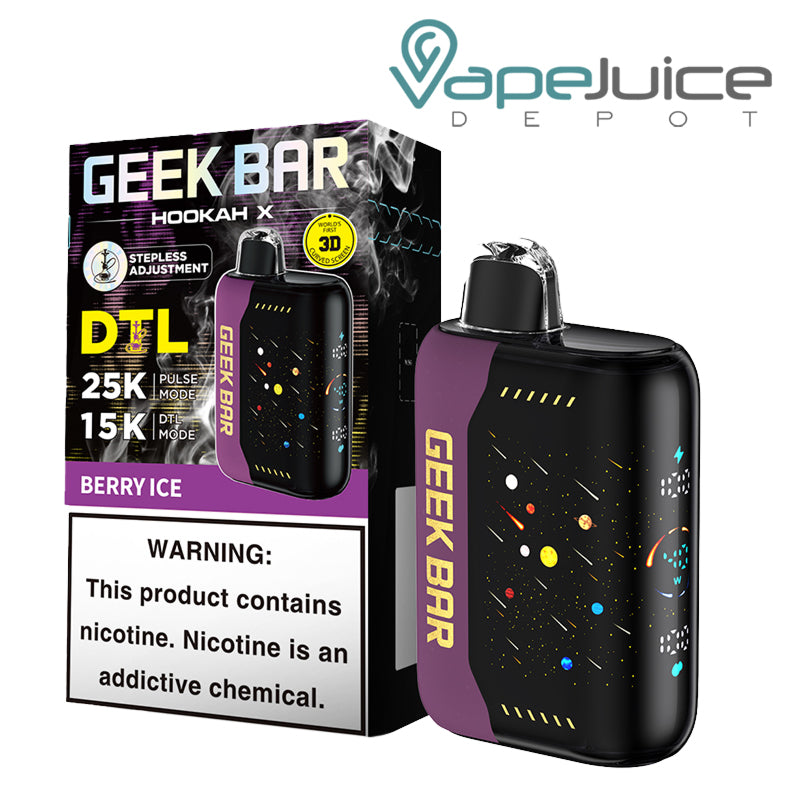 A Box of Berry Ice Geek Bar Hookah X 25K Disposable with a warning sign and a device with a full screen next to it - Vape Juice Depot
