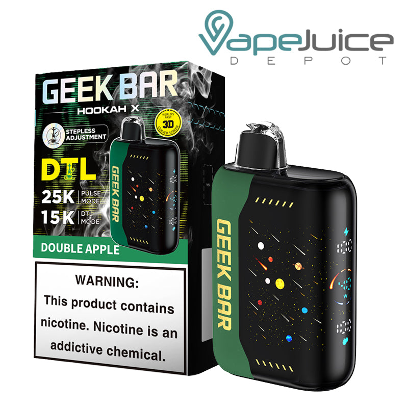 A Box of Double Apple Geek Bar Hookah X 25K Disposable with a warning sign and a device with a full screen next to it - Vape Juice Depot