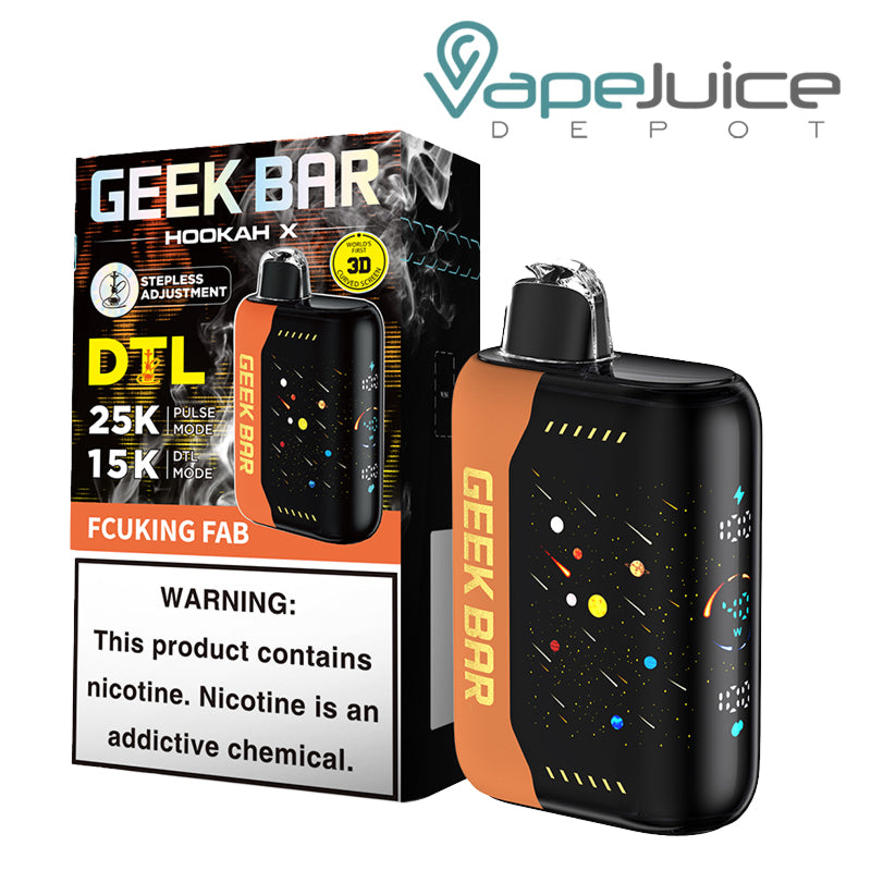 A Box of Fcuking Fab Geek Bar Hookah X 25K Disposable with a warning sign and a device with a full screen next to it - Vape Juice Depot