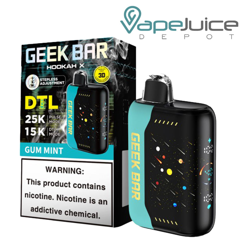 A Box of Gum Mint Geek Bar Hookah X 25K Disposable with a warning sign and a device with a full screen next to it - Vape Juice Depot