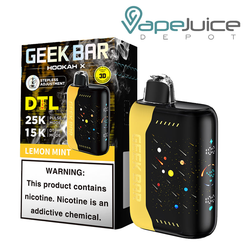 A Box of Lemon Mint Geek Bar Hookah X 25K Disposable with a warning sign and a device with a full screen next to it - Vape Juice Depot