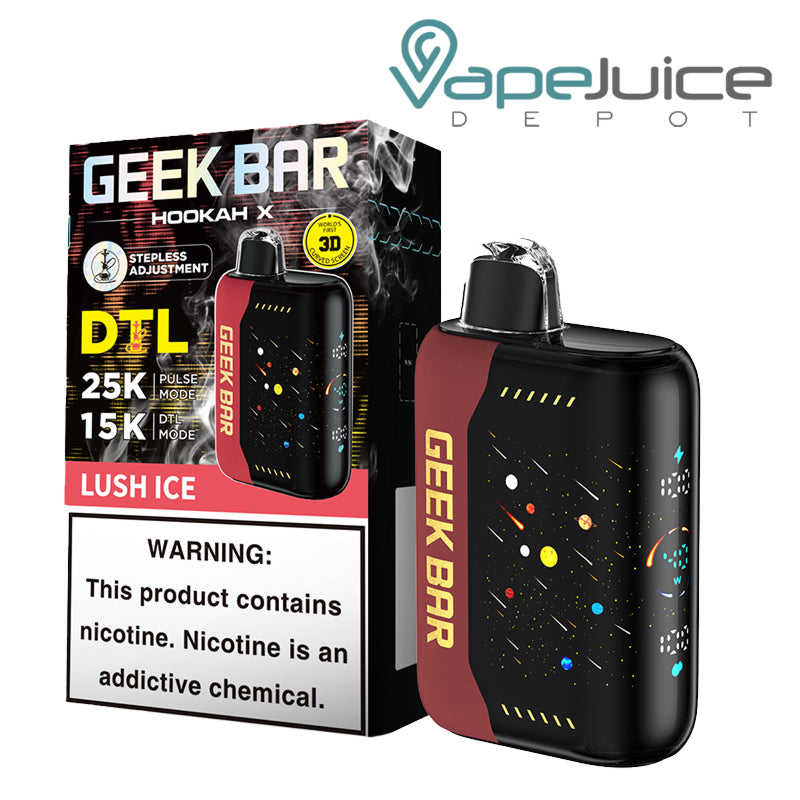 A Box of Lush Ice Geek Bar Hookah X 25K Disposable with a warning sign and a device with a full screen next to it - Vape Juice Depot