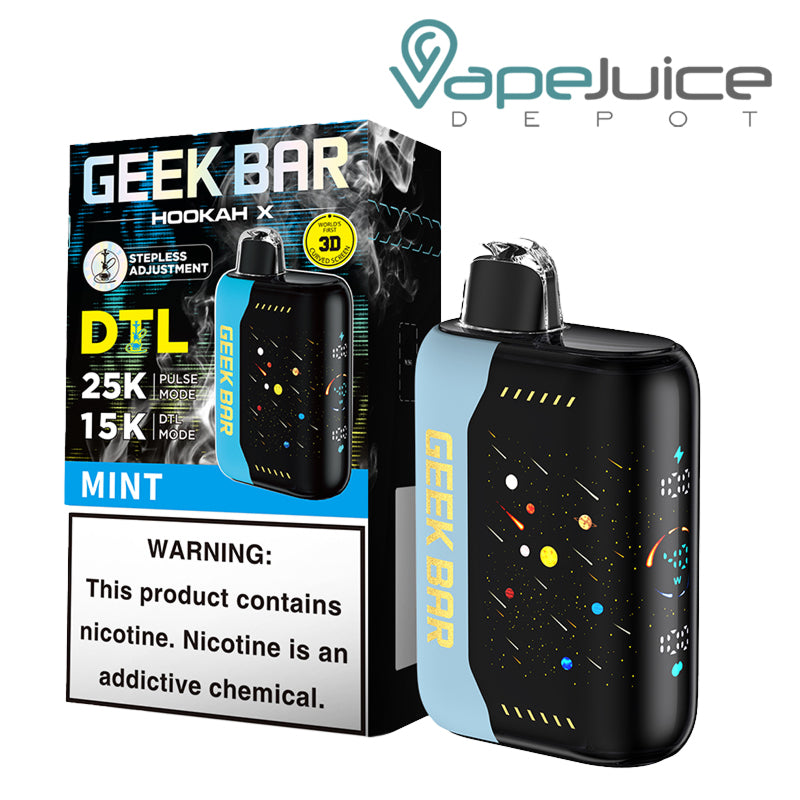 A Box of Mint Geek Bar Hookah X 25K Disposable with a warning sign and a device with a full screen next to it - Vape Juice Depot