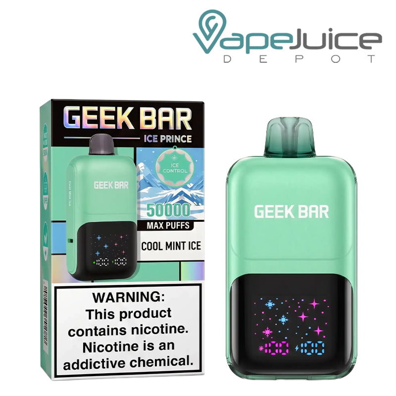 A Box of Cool Mint Ice Geek Bar Ice Prince 50K Disposable with a warning sign and a device next to it - Vape Juice Depot