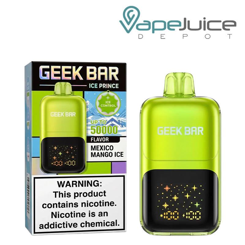 A Box of Mexico Mango Ice Geek Bar Ice Prince 50K Disposable with a warning sign and a device next to it - Vape Juice Depot