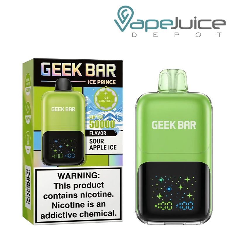 A Box of Sour Apple Ice Geek Bar Ice Prince 50K Disposable with a warning sign and a device next to it - Vape Juice Depot