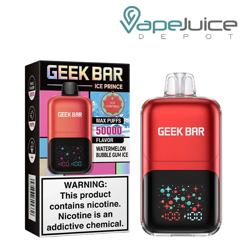 A Box of Watermelon Bubble Gum Ice Geek Bar Ice Prince 50K Disposable with a warning sign and a device next to it - Vape Juice Depot