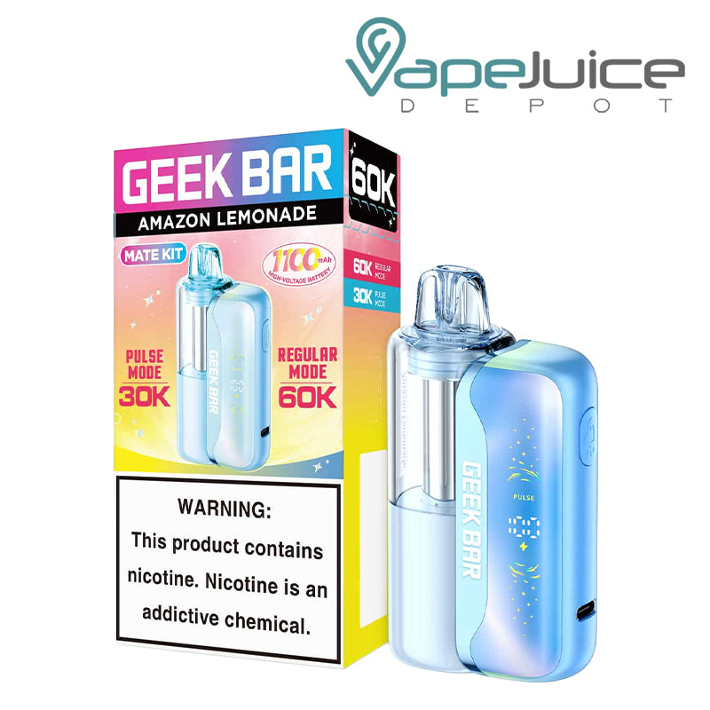 A box of Amazon Lemonade Geek Bar Mate 60K Disposable Kit with a warning sign and a disposable next to it - Vape Juice Depot