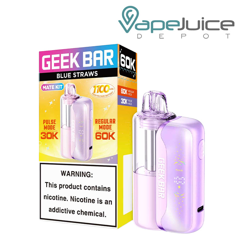 A box of Blue Straws Geek Bar Mate 60K Disposable Kit with a warning sign and a disposable next to it - Vape Juice Depot
