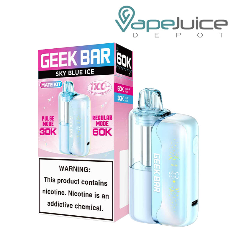 A box of Sky Blue Ice Geek Bar Mate 60K Disposable Kit with a warning sign and a disposable next to it - Vape Juice Depot