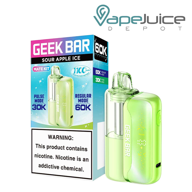 A box of Sour Apple Ice Geek Bar Mate 60K Disposable Kit with a warning sign and a disposable next to it - Vape Juice Depot