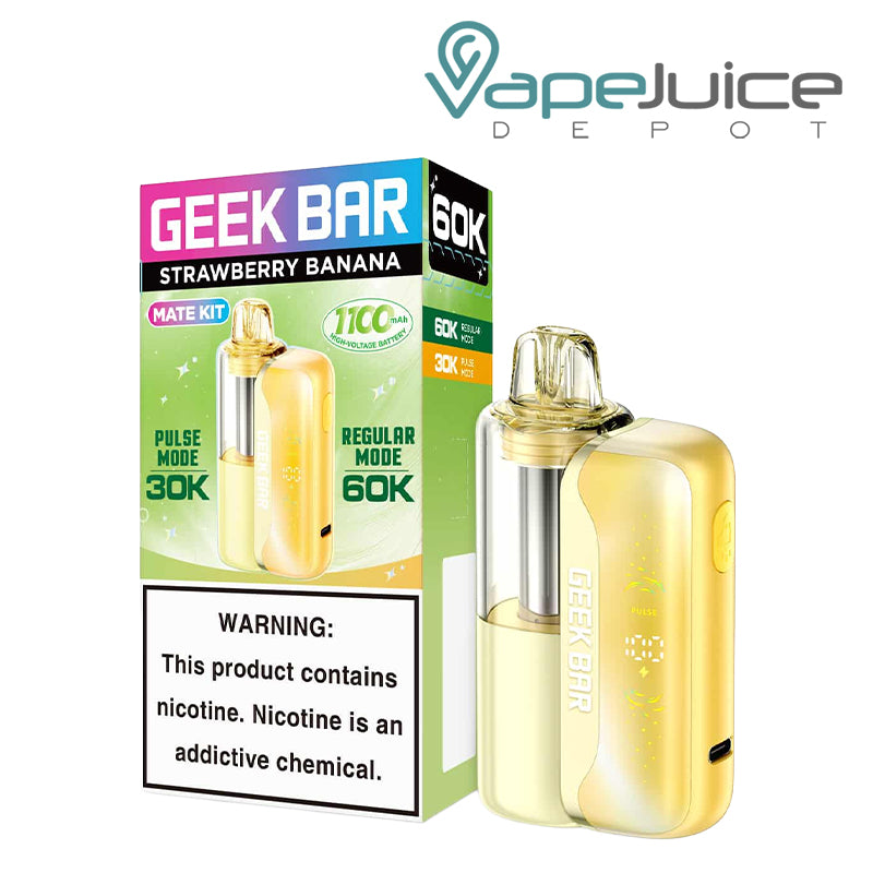 A box of Strawberry Banana Geek Bar Mate 60K Disposable Kit with a warning sign and a disposable next to it - Vape Juice Depot