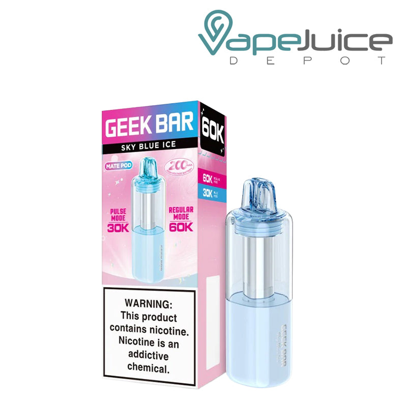 A box of Sky Blue Ice Geek Bar Mate 60K Disposable Pod with a warning sign and a disposable pod next to it - Vape Juice Depot