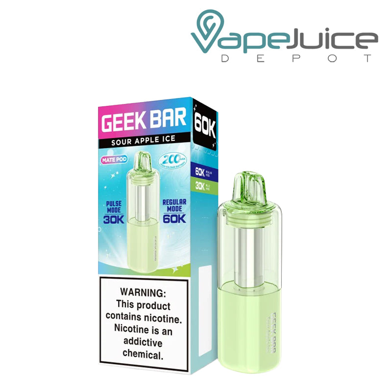 A box of Sour Apple Ice Geek Bar Mate 60K Disposable Pod with a warning sign and a disposable pod next to it - Vape Juice Depot
