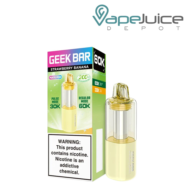 A box of Strawberry Banana Geek Bar Mate 60K Disposable Pod with a warning sign and a disposable pod next to it - Vape Juice Depot