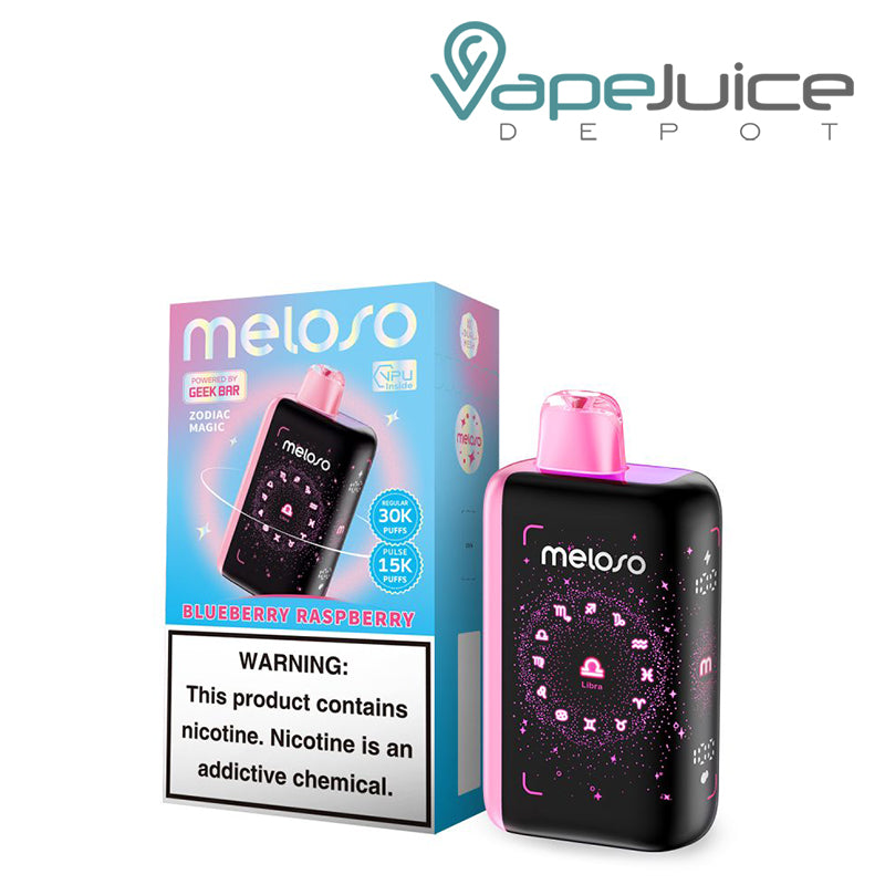 A Box of Blueberry Raspberry Geek Bar Meloso Bar 30K Disposable with a warning sign and a Disposable with HD Display Screen next to it - Vape Juice Depot