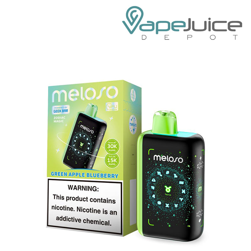 A Box of Green Apple Blueberry Geek Bar Meloso Bar 30K Disposable with a warning sign and a Disposable with HD Display Screen next to it - Vape Juice Depot