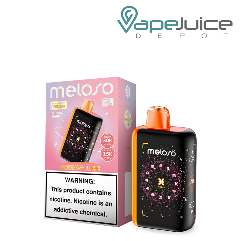 A Box of Grumpy Lime Geek Bar Meloso Bar 30K Disposable with a warning sign and a Disposable with HD Display Screen next to it - Vape Juice Depot