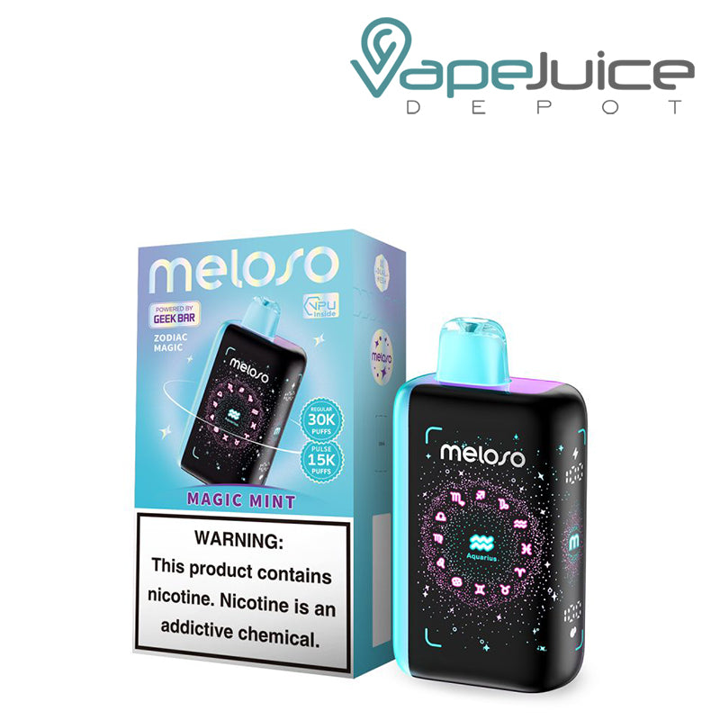 A Box of Magic Mint Geek Bar Meloso Bar 30K Disposable with a warning sign and a Disposable with HD Display Screen next to it - Vape Juice Depot