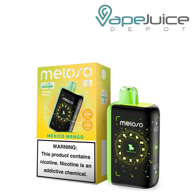 A Box of Mexico Mango Geek Bar Meloso Bar 30K Disposable with a warning sign and a Disposable with HD Display Screen next to it - Vape Juice Depot