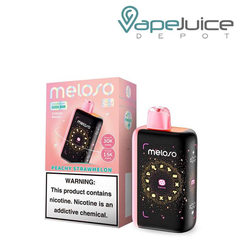 A Box of Peach Strawmelon Geek Bar Meloso Bar 30K Disposable with a warning sign and a Disposable with HD Display Screen next to it - Vape Juice Depot