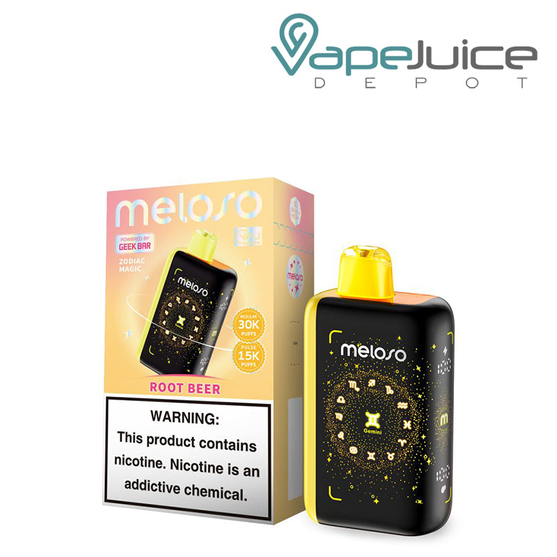 A Box of Root Beer Geek Bar Meloso Bar 30K Disposable with a warning sign and a Disposable with HD Display Screen next to it - Vape Juice Depot