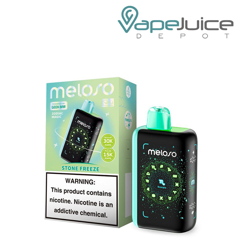 A Box of Stone Freeze Geek Bar Meloso Bar 30K Disposable with a warning sign and a Disposable with HD Display Screen next to it - Vape Juice Depot