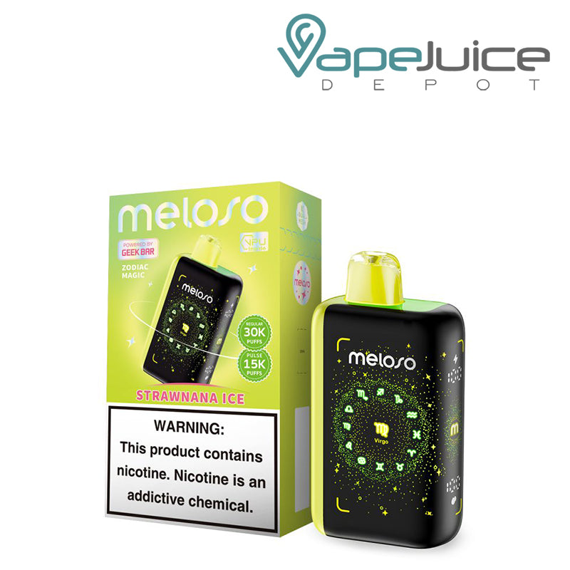 A Box of Strawnana Ice Geek Bar Meloso Bar 30K Disposable with a warning sign and a Disposable with HD Display Screen next to it - Vape Juice Depot