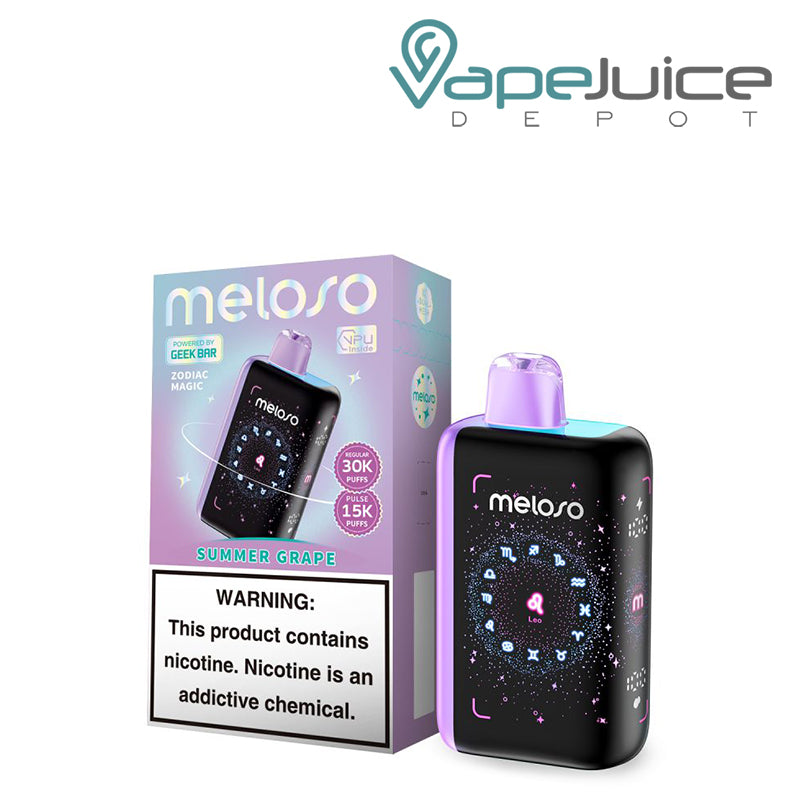 A Box of Summer Grape Geek Bar Meloso Bar 30K Disposable with a warning sign and a Disposable with HD Display Screen next to it - Vape Juice Depot