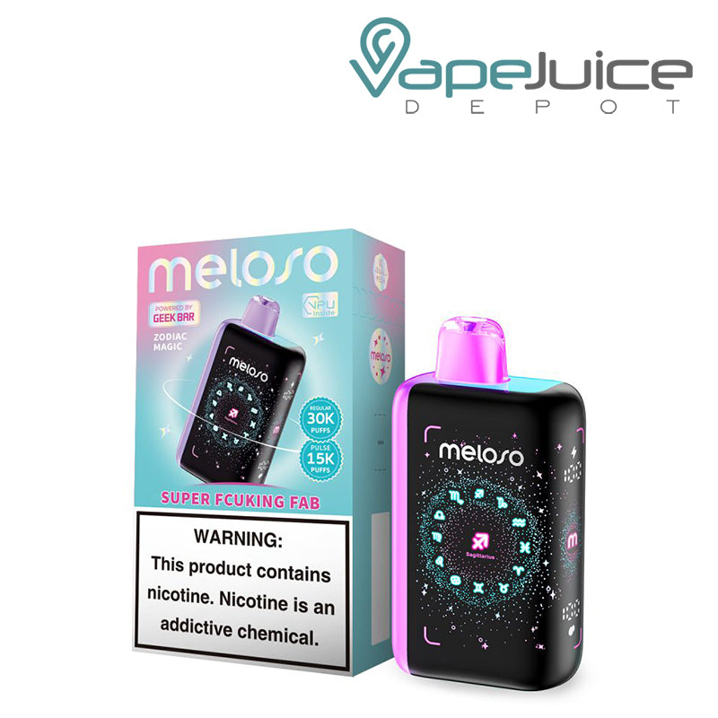 A Box of Super Fcuking Fab Geek Bar Meloso Bar 30K Disposable with a warning sign and a Disposable with HD Display Screen next to it - Vape Juice Depot