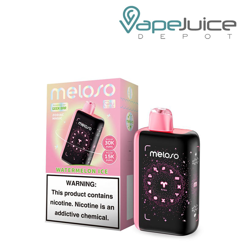 A Box of Watermelon Ice Geek Bar Meloso Bar 30K Disposable with a warning sign and a Disposable with HD Display Screen next to it - Vape Juice Depot