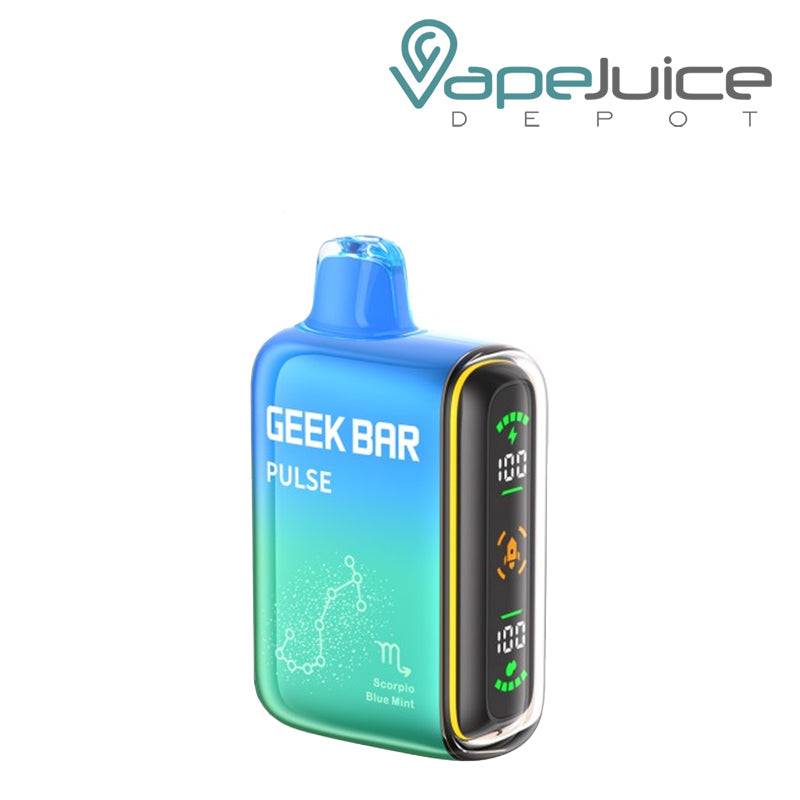 Scorpio Blue Mint Geek Bar Pulse 15000 Disposable with a display screen on the side - Vape Juice Depot