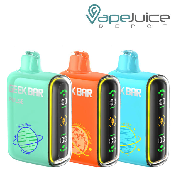 Three Flavors of Geek Bar Pulse 15000 Disposable with a display screen on the side - Vape Juice Depot