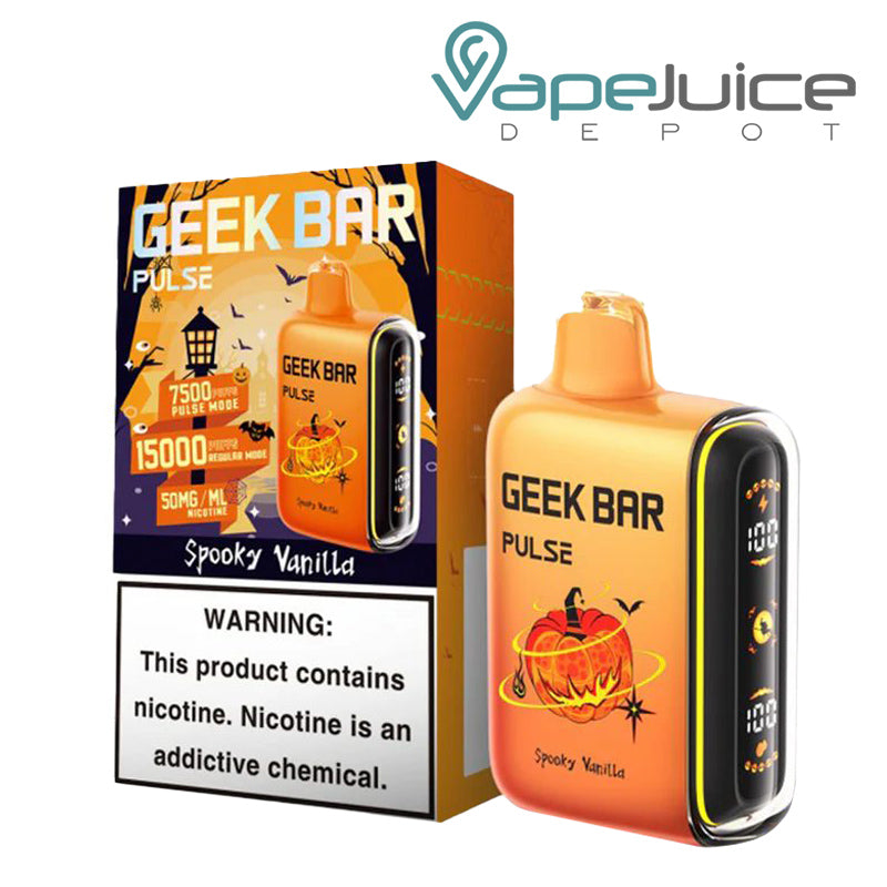 A Box of Geek Bar Pulse 15K Halloween Edition Disposable with a warning sign and a disposable next to it - Vape Juice Depot