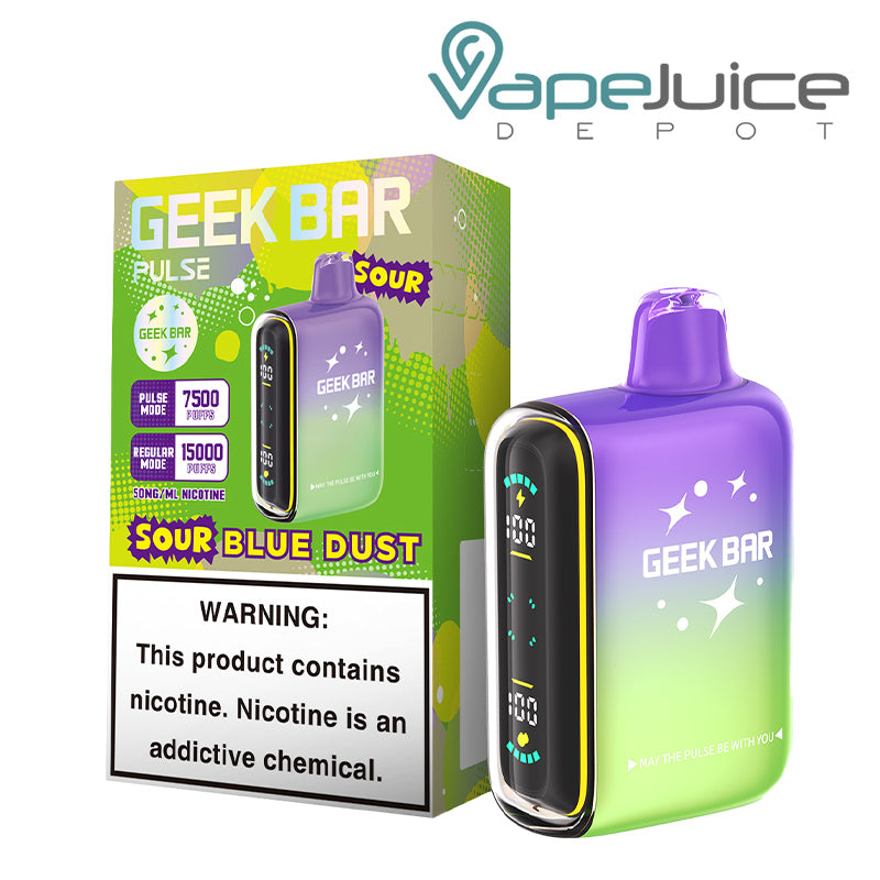 A Box of Geek Bar Pulse 15K Sour Edition Disposable with a warning sign and a Disposable with Full Screen next to it - Vape Juice Depot