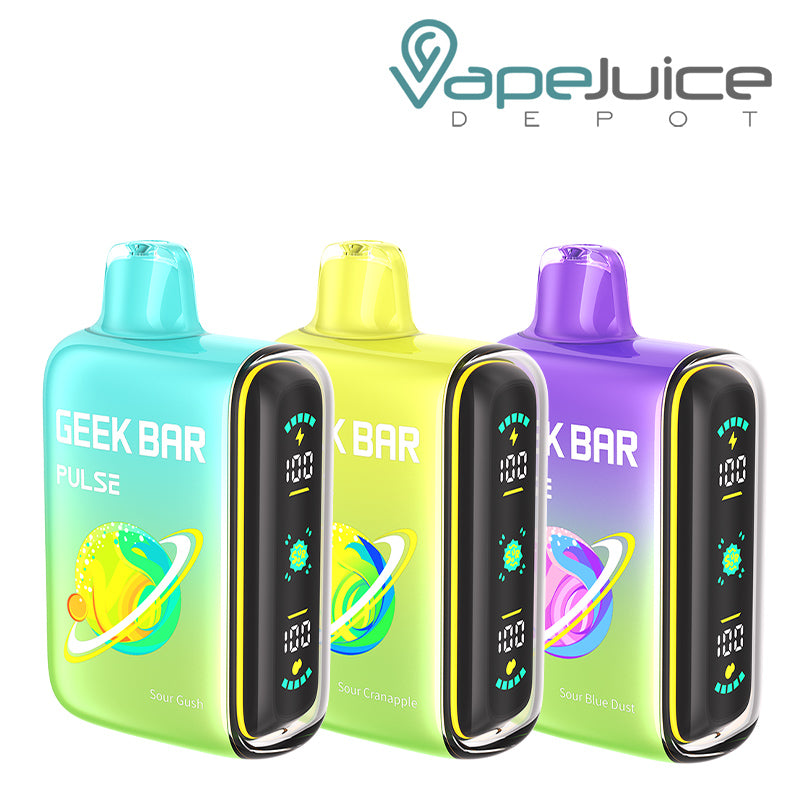 Three Flavors of Geek Bar Pulse 15K Sour Edition Disposable with Full Screen - Vape Juice Depot