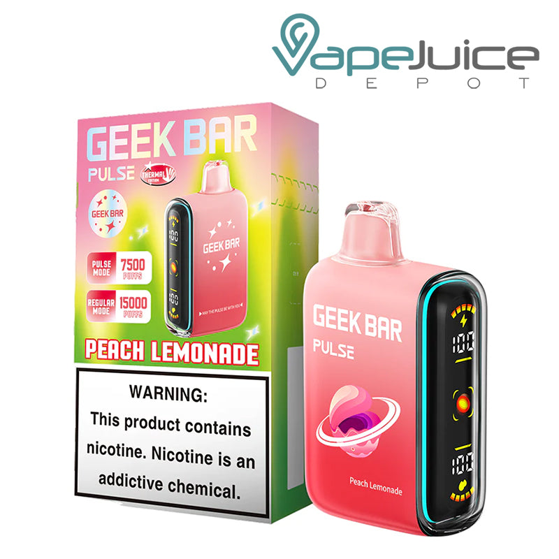 A Box of Peach Lemonade Geek Bar Pulse 15K Thermal Edition Disposable with a warning sign and a device with a full screen next to it - Vape Juice Depot