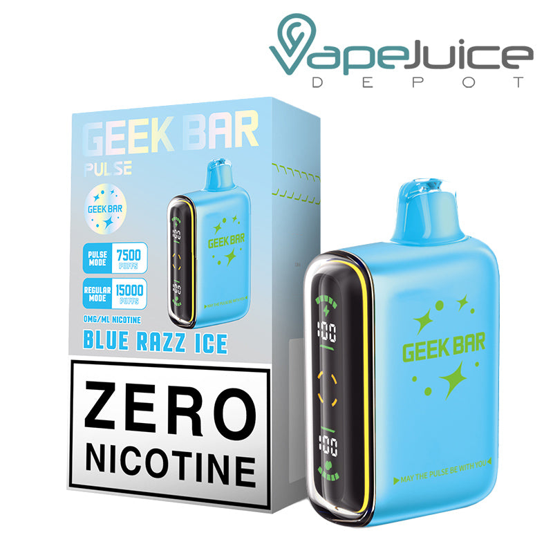 A Box of Blue Razz Ice Geek Bar Pulse 15K Zero Edition Disposable and a Disposable with Full Screen next to it - Vape Juice Depot