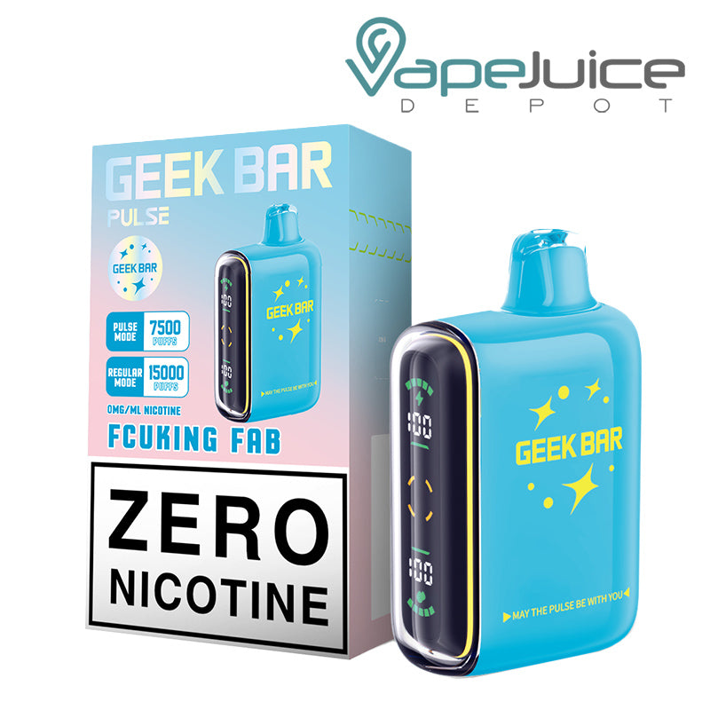 A Box of Fcuking Fab Geek Bar Pulse 15K Zero Edition Disposable and a Disposable with Full Screen next to it - Vape Juice Depot