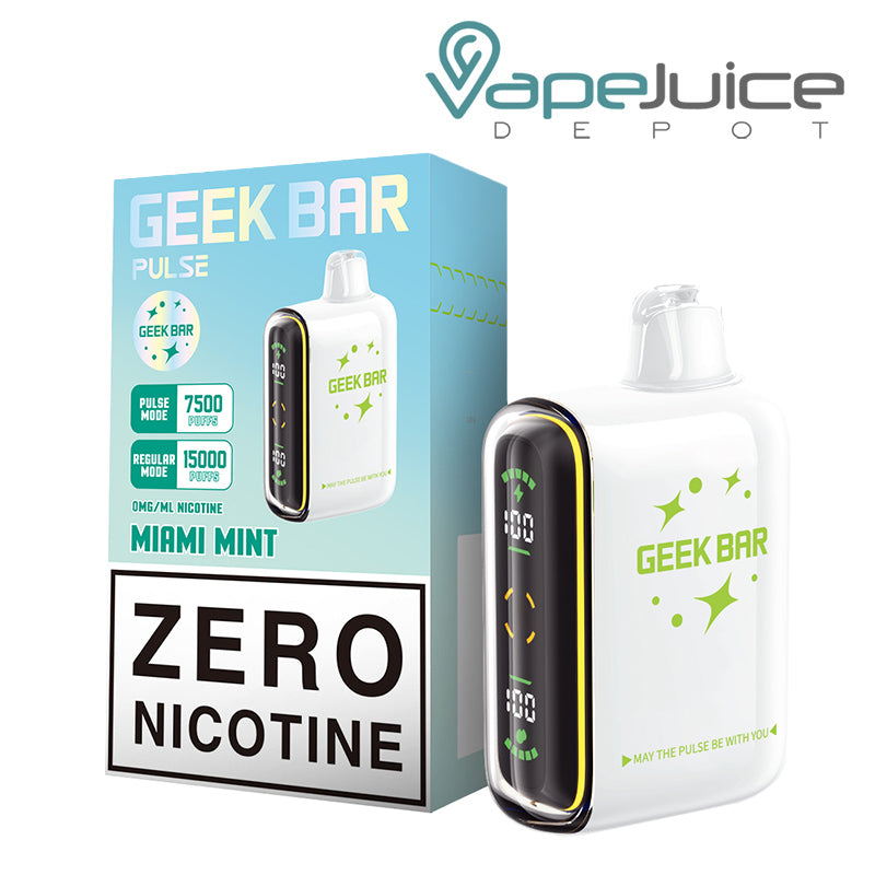 A Box of Miami Mint Geek Bar Pulse 15K Zero Edition Disposable and a Disposable with Full Screen next to it - Vape Juice Depot