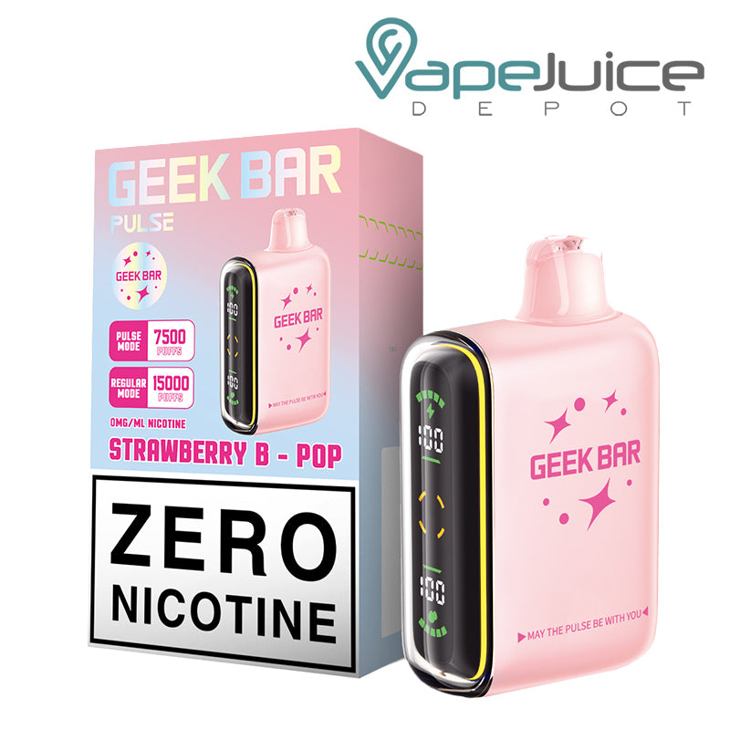 A Box of Strawberry B-Pop Geek Bar Pulse 15K Zero Edition Disposable and a Disposable with Full Screen next to it - Vape Juice Depot