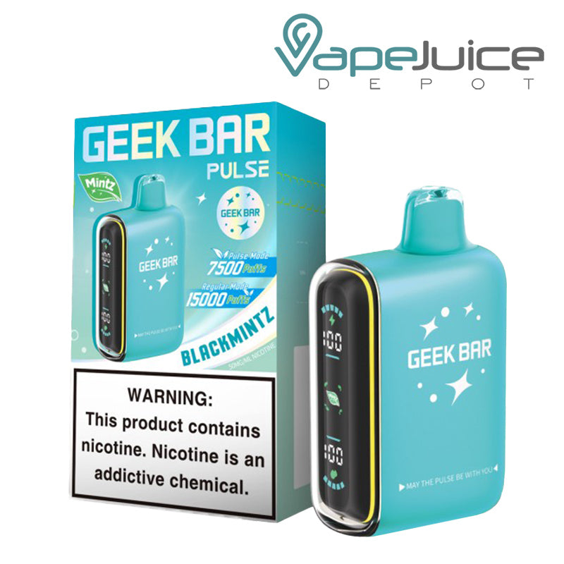 A Box of Blackmintz Geek Bar Pulse 15000 Mintz Edition Disposable with a warning sign and a disposable next to it - Vape Juice Depot