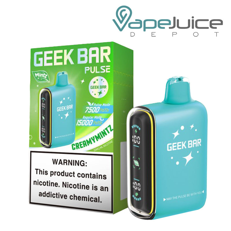 A Box of Creamymintz Geek Bar Pulse 15000 Mintz Edition Disposable with a warning sign and a disposable next to it - Vape Juice Depot