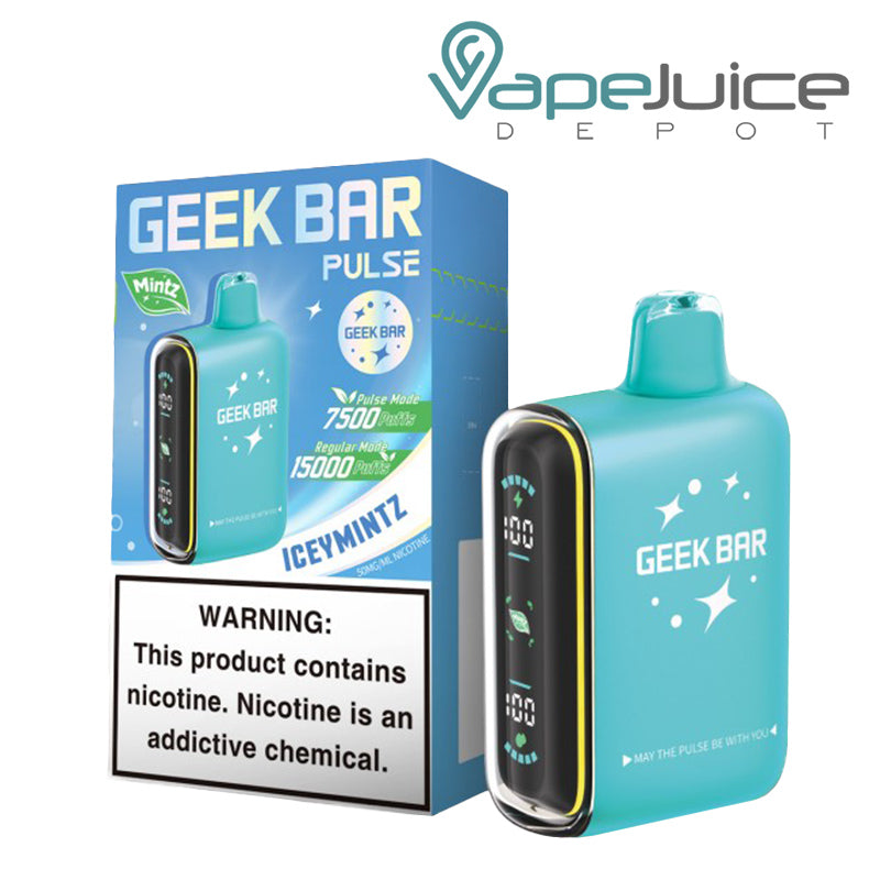 A Box of Iceymintz Geek Bar Pulse 15000 Mintz Edition Disposable with a warning sign and a disposable next to it - Vape Juice Depot