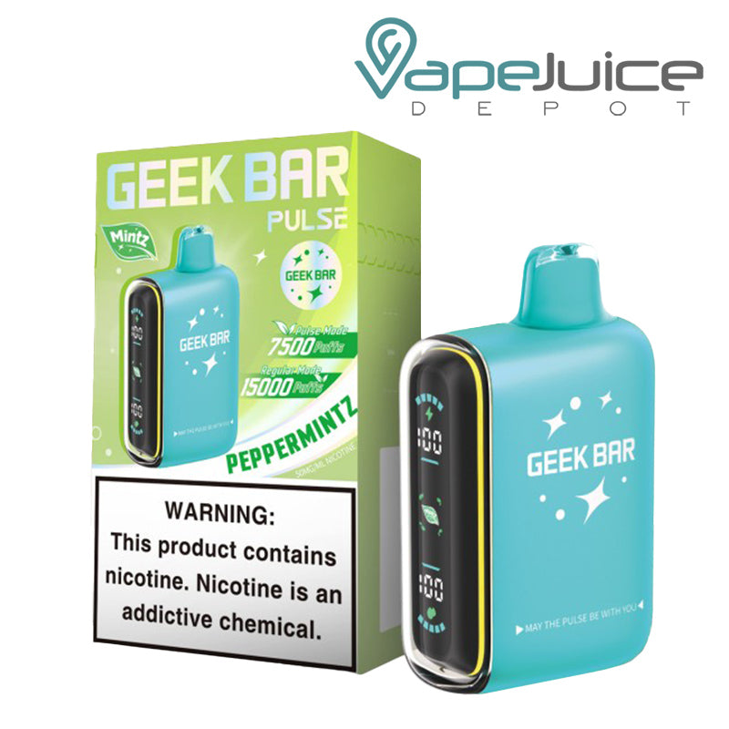 A Box of Peppermintz Geek Bar Pulse 15000 Mintz Edition Disposable with a warning sign and a disposable next to it - Vape Juice Depot