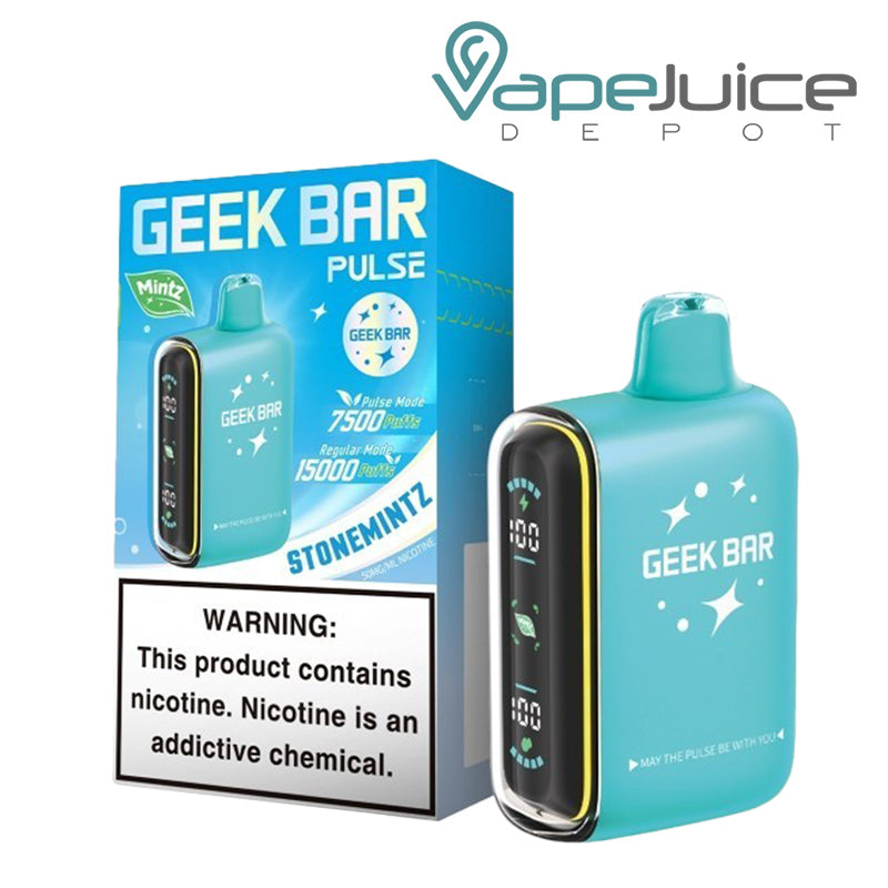 A Box of Stonemintz Geek Bar Pulse 15000 Mintz Edition Disposable with a warning sign and a disposable next to it - Vape Juice Depot